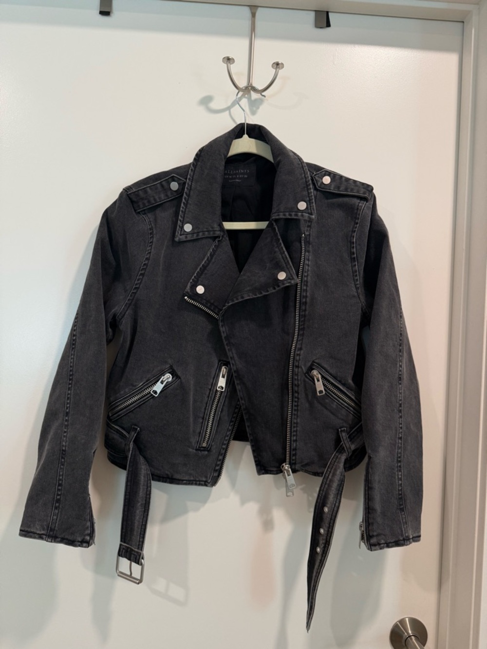 AllSaints Black Washed Denim Moto Jacket